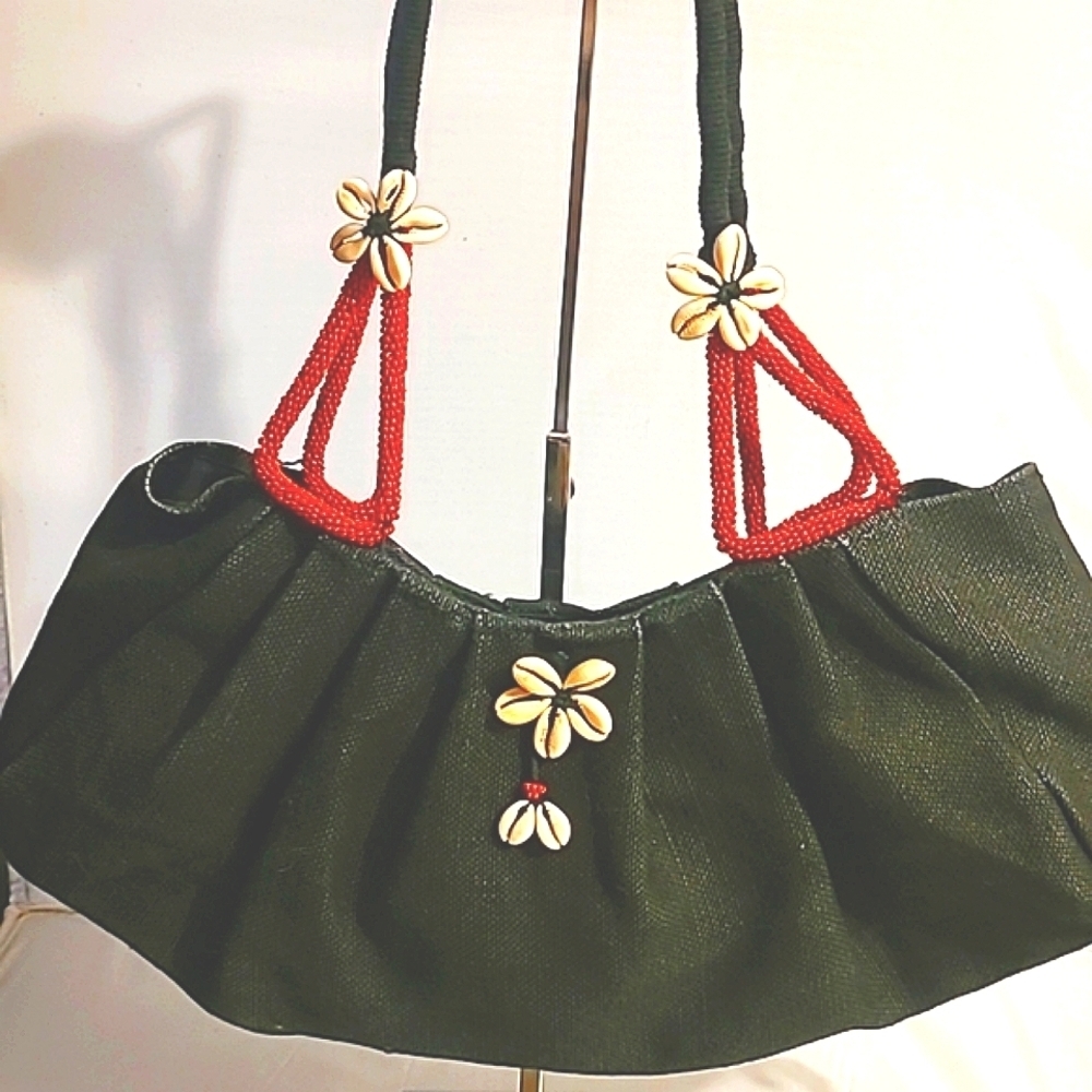 Earth Axxessories Black Cotton Woven Shoulder Bag  shell red bead Minimalist